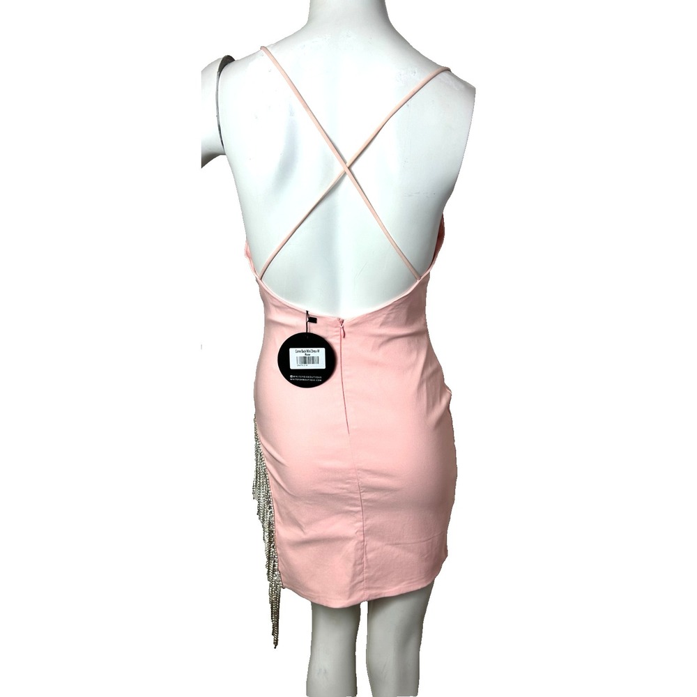 White Fox Mini Dress Size Medium Pink Rhinestone Trim Open Back Come Back NWT - Picture 5 of 10
